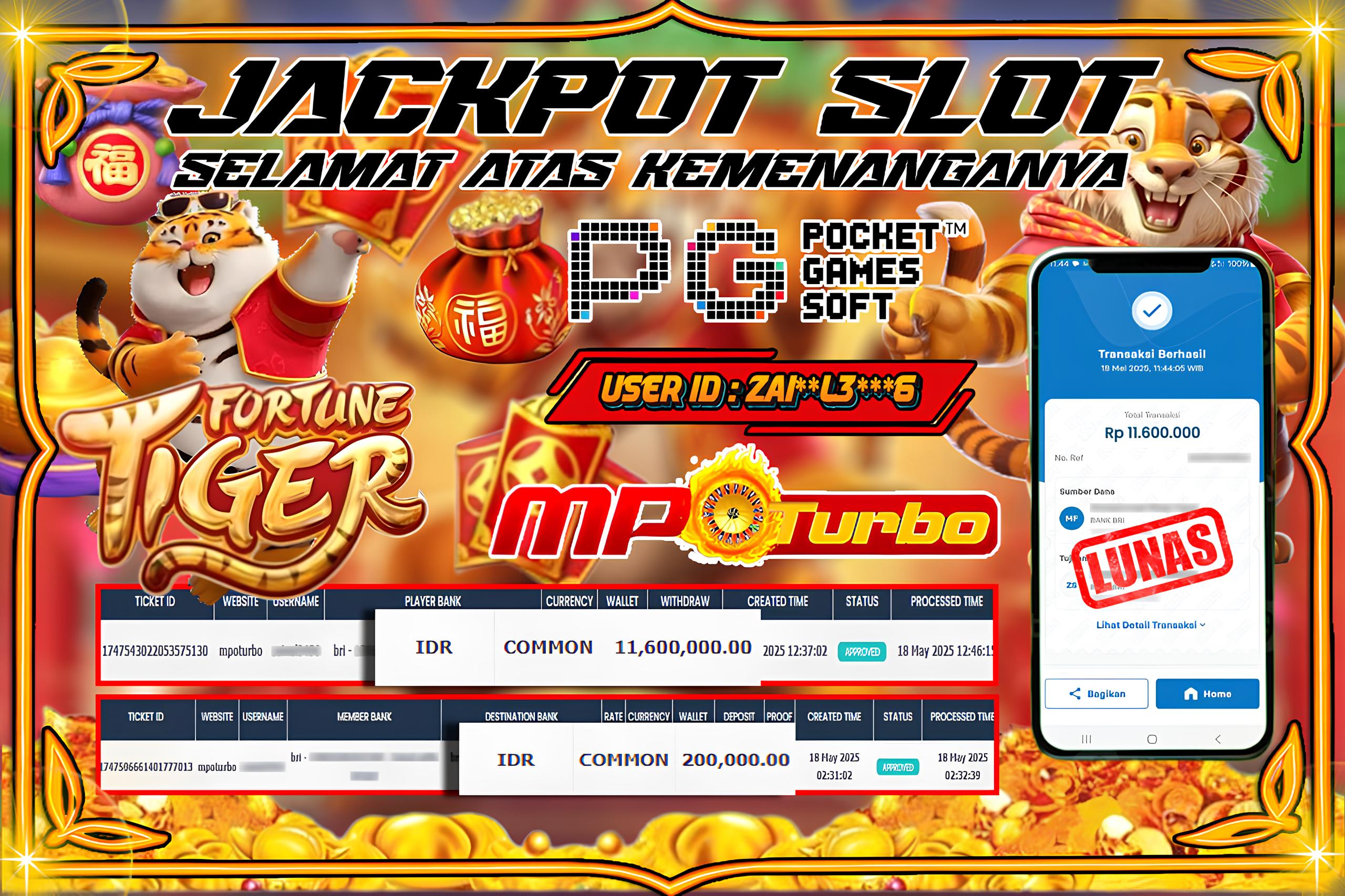 MPOTURBO JACKPOT SLOT FORTUNE TIGER - PG SOFT Rp 11,600,000.00,- LUNAS